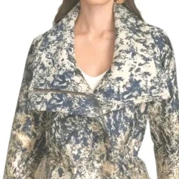 Donna Karan Metallic Jacqrard Moto Zip Jacket Coat Sz XL Blue Gold ASOTV Pamela - Picture 3 of 13